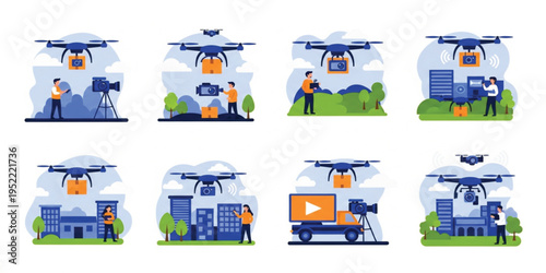 PrintDrone Camera Videography and Aerial Photography Illustration Set with Flying UAV, Video Production, Media Recording, Broadcasting Technology, and Filmmaking Equipment Vector Collection