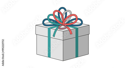 White Gift Box with Colorful Ribbon Bow, Isolated on White Background