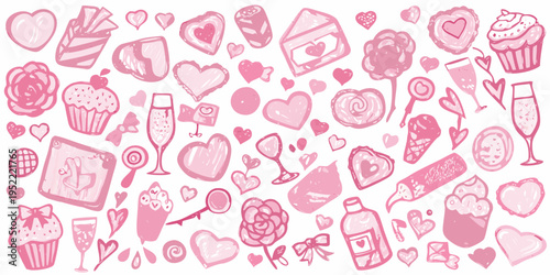 A delightful collection of pink illustrated hearts sweets and romantic elements