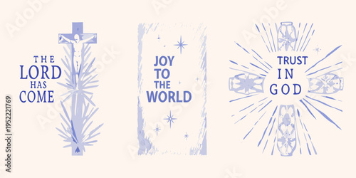 Religious banners with calligraphy and symbolic imagery of faith and hope