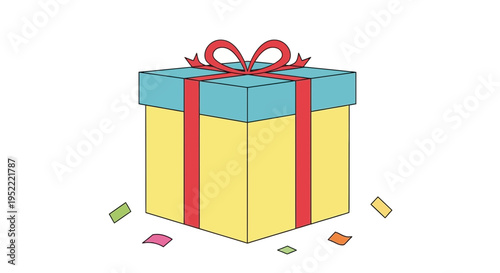 Yellow Gift Box with Blue Lid, Red Ribbon, and Confetti - Celebration Concept