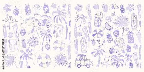 Whimsical summer doodles in shades of lavender and violet