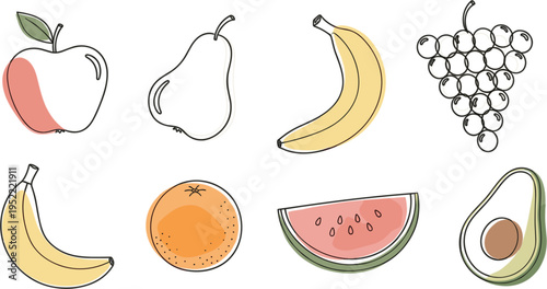 Fresh Fruit Illustration Set with Apple, Pear, Banana, Grapes, Orange, Watermelon, and Avocado Healthy Organic Food Icons