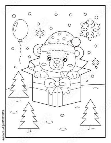 Cute Teddy Bear in Gift Box Coloring Page for Kids. Simple Christmas Cartoon Line Art