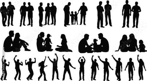 People silhouettes set, family, friends and dancing figures, social interaction poses, group activities, lifestyle scenes, human collection, black silhouette illustration