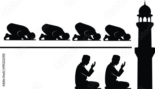 Islamic prayer silhouettes with mosque minaret, Muslim men performing salah, prostration and dua poses, spiritual worship, religious devotion illustration