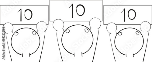 Three bowling pins with number 10 vector illustration, sport game objects, activity and leisure elements, cartoon style graphic isolated on transparent background