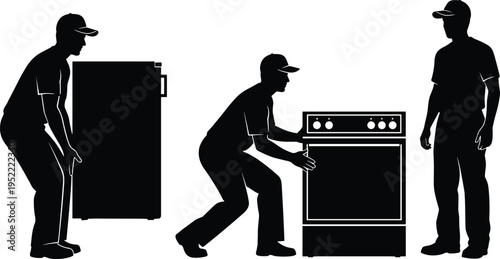 Delivery service men carrying refrigerator and kitchen stove appliance isolated cad drawing flat vector illustration for home moving and logistics