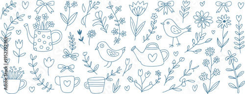 Blue line drawing of spring garden elements with birds and watering cans on a white background Keywords: spring, garden, flowers