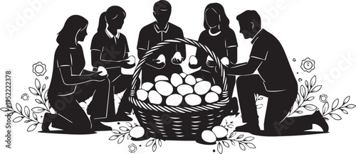 Group of people collecting eggs in basket silhouette illustration vector