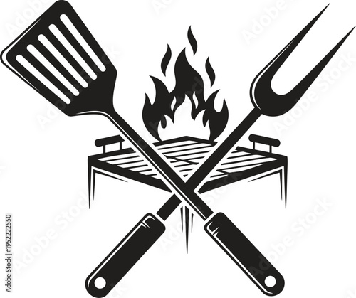 Bbq grill with crossed spatula and fork with food preparatio