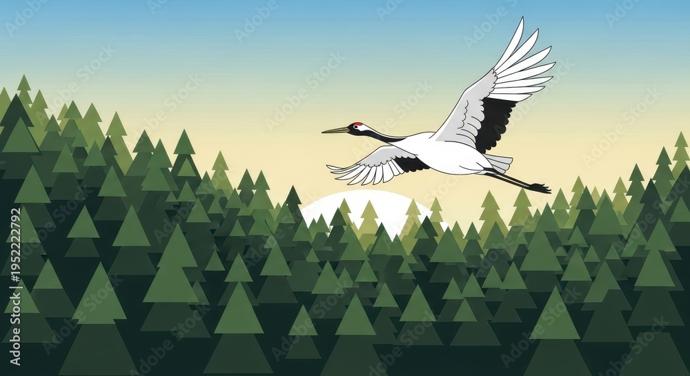 Obraz premium Graceful large wading bird soars above dense evergreen forest canopy at sunrise