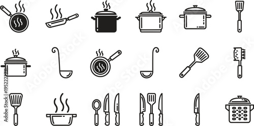 Cooking utensils and pots icons