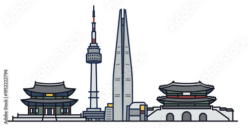 Minimalist Seoul skyline vector illustration featuring beautiful close-up views of N Seoul Tower, Lotte World Tower, and detailed traditional Korean palaces for tourism designs.