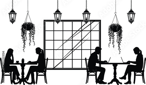 Cafe interior silhouettes with people working and chatting at tables, hanging plants and lamps, isolated on white background for lifestyle design