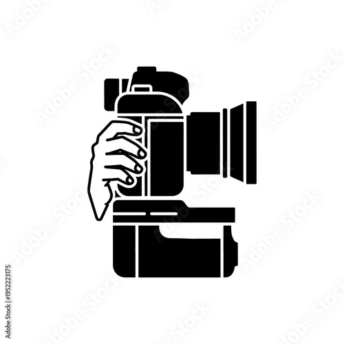 A graphic black silhouette of a hand firmly gripping a professional camera showcasing photography