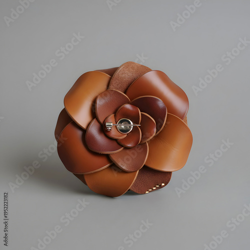 Flower shaped handmade leather brooch isolated
