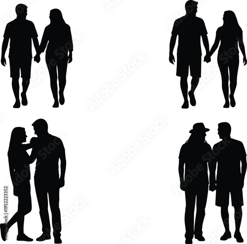 Couple silhouettes set holding hands and standing together isolated on white background, romantic relationship illustration for love, lifestyle, and design use