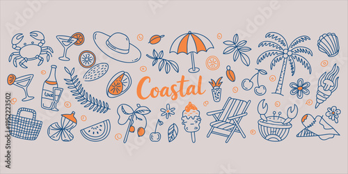 Coastal Summer Vacation Doodle Elements With Orange Accents And Text On Grey Keywords: coastal, summer, vacation, beach, sea