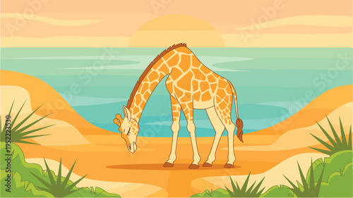 Giraffe drinking water from a blue lake in a sunny savanna desert landscape at dusk