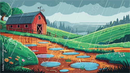 Red barn on countryside hill during rainy day with water puddles and green landscape