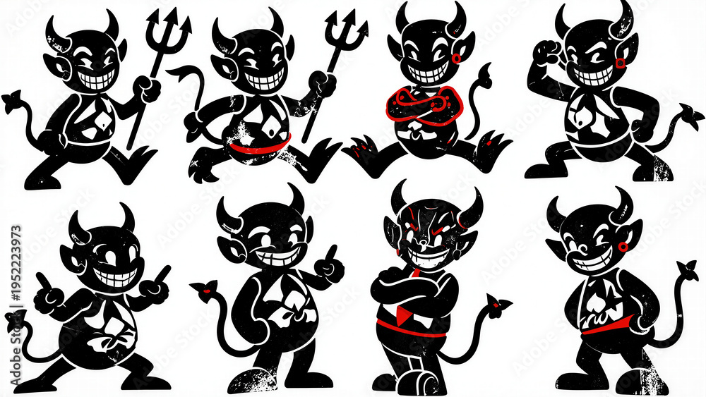 Obraz premium Seamless background pattern featuring cute and playful cartoon little devil characters with pitchforks for fun Halloween or mischievous graphic designs.