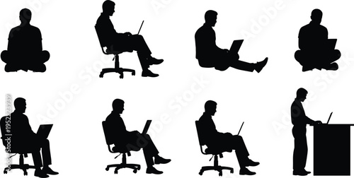 Man working on laptop silhouettes set in various sitting and standing poses isolated on white background, remote work and office illustration