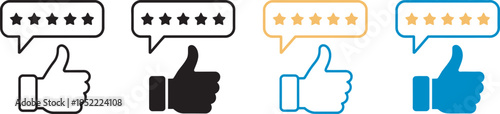 Set of four different thumbs up icons with star rating speech bubbles isolated on transparent background