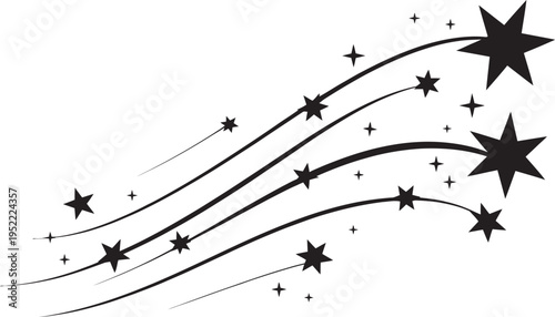 Abstract swirling motion of black shooting stars and graphic lines across a white background