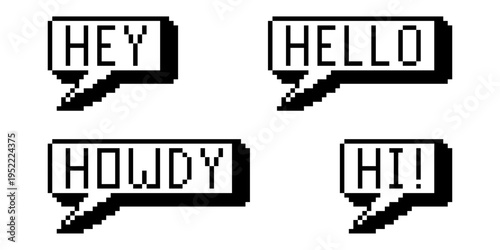 Set pixel greetings words with bubble speech vector for retro games. Ideal for symbolizing 8-bit digital hellos, arcade chat, and classic text.