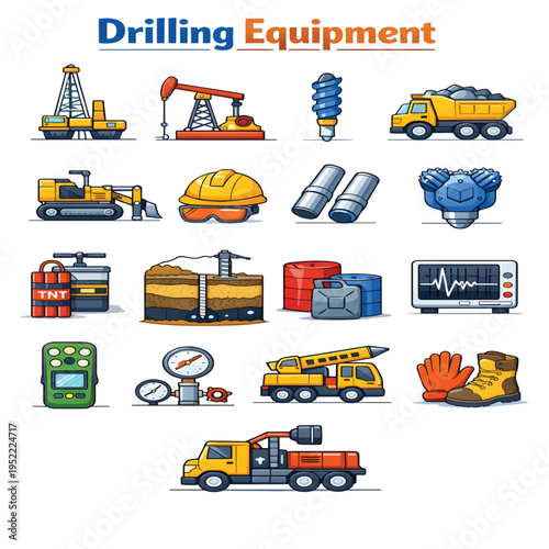 Drilling Equipment Set, Power Drill and Tools Vector Collection, Construction and Industrial Icons