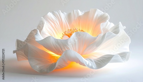 Close-up of a delicate white flower with warm light illuminating its petals.