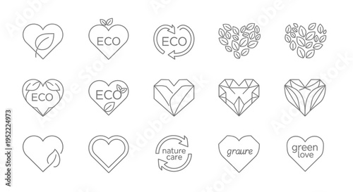 Eco friendly heart shaped icons and natural care symbols with leaf elements and geometric outline design
