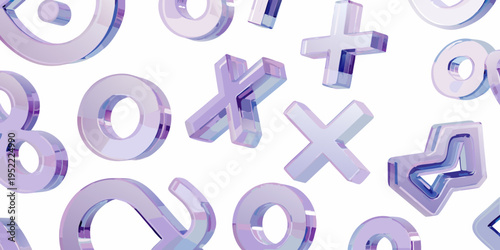Floating translucent letters and shapes in a pastel color scheme