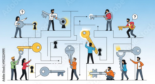 People working together to solve a complex puzzle with keys and locks.