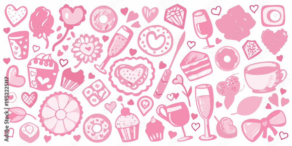 Naklejka premium A collection of pink hand drawn sweets treats and romantic heart doodles