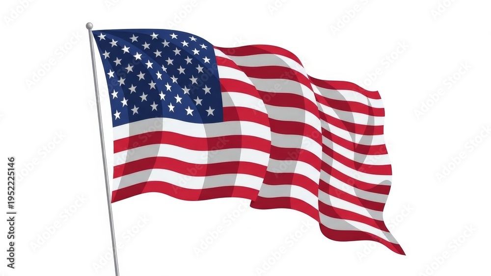 Fototapeta premium American flag waving on flagpole against white background