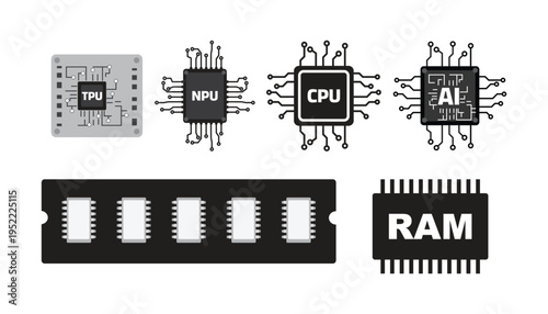 Computer processor chip icon set CPU GPU NPU TPU AI RAM SSD hardware technology vector illustration.