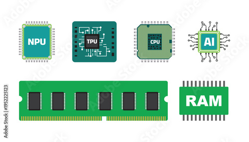 AI Chip CPU NPU TPU RAM Processor Microchip Flat Glyph Icon Set Vector.