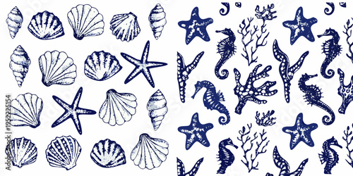Vintage blue sketch of seashells starfish seahorses and marine plants