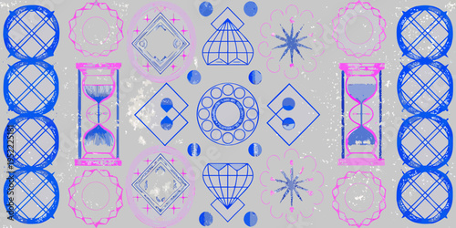 Abstract geometric patterns with hourglasses and diamond shapes in pink and blue