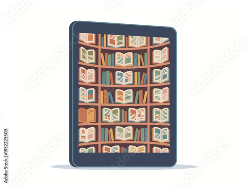 An illustration of a dark blue e-reader displaying a digital bookshelf filled with numerous open books, symbolizing a vast digital library.