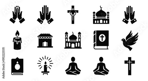 Collection of religious symbols and icons including prayer hands candle mosque cross bible dove and meditating person