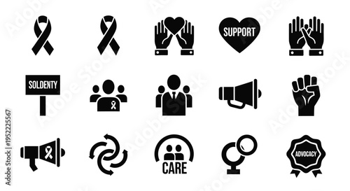 Social activism and awareness symbols including ribbons protest signs megaphone and hands showing support