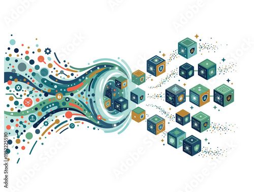 Abstract illustration of data transformation and organization, showing raw information flowing into structured blocks.