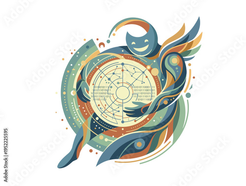 Abstract stylized winged figure with a smiling face holding a complex circular astrological chart, surrounded by dynamic flowing lines and organic shapes.