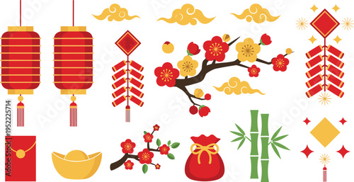 Chinese New Year Festival Elements Set with Lanterns Plum Blossoms Firecrackers Gold Ingot and Bamboo Vector Illustration for Lunar Holiday Decoration Design