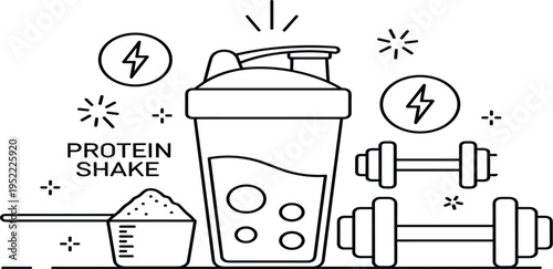 Protein Shake and Fitness Nutrition Line Illustration with Shaker Bottle, Protein Powder Scoop, Dumbbells, and Energy Symbols for Gym Workout and Sports Supplement Concept