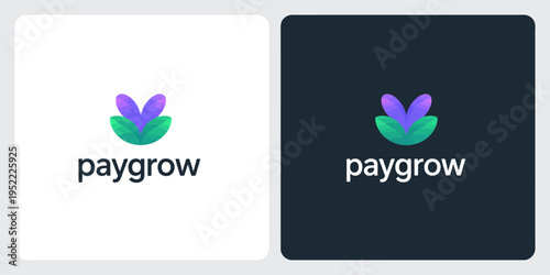 A with a purple and green leaf symbol and the word paygrow in black and white backgrounds