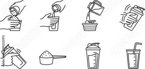 Protein Shake Preparation Line Icon Set with Shaker Bottle, Powder Scoop, Mixing Steps, and Fitness Nutrition Drink Process for Gym and Sports Supplements